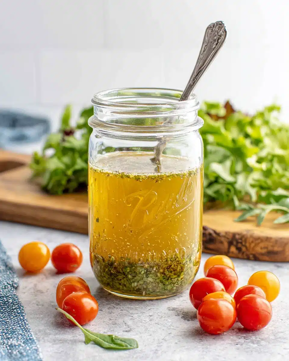Homemade Italian Dressing in Glass Jar Homemade Italian dressing in a glass jar with fresh herbs and tomatoes nearby