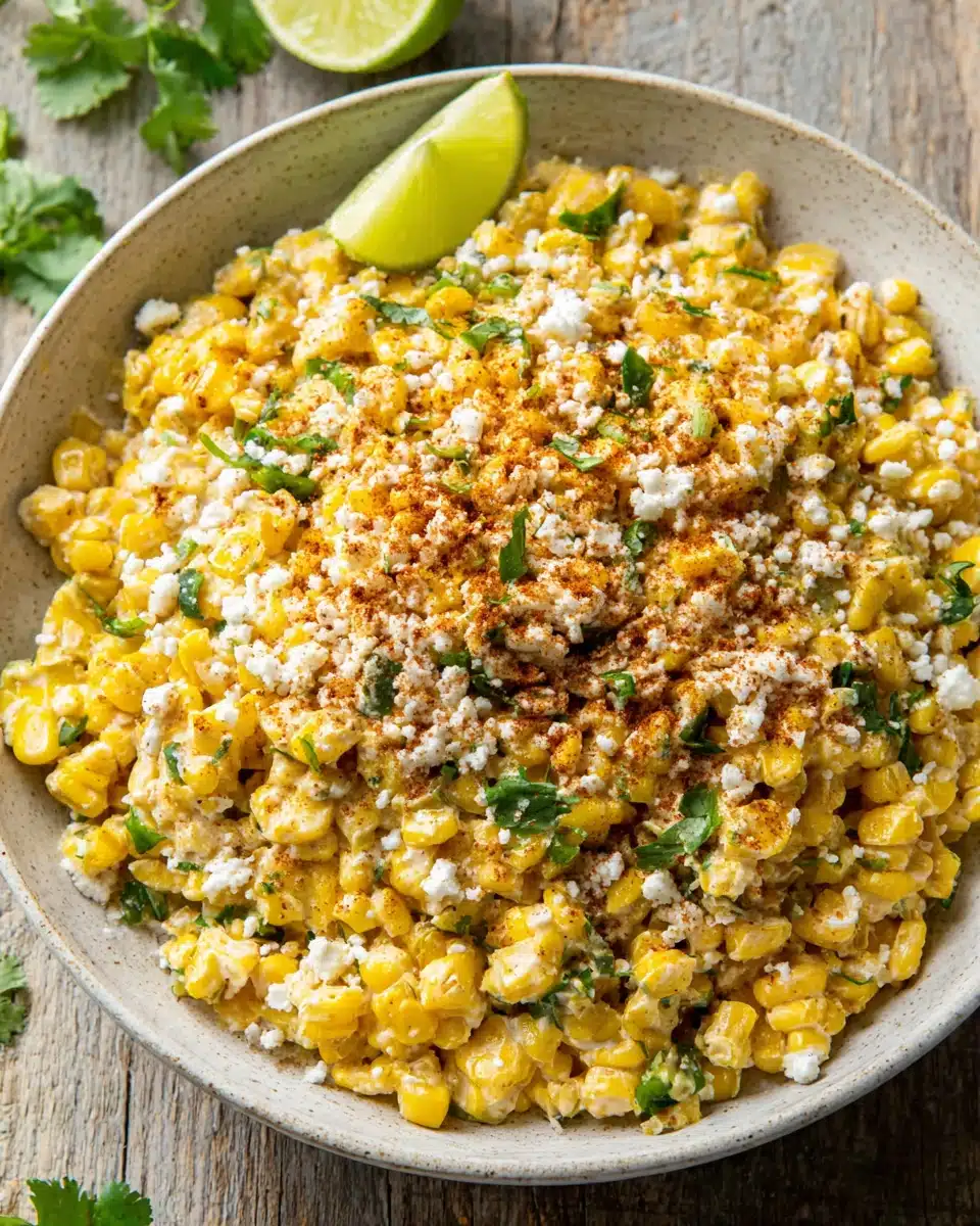 Homemade street corn dip with corn, cotija cheese, lime, and chili in a white bowl