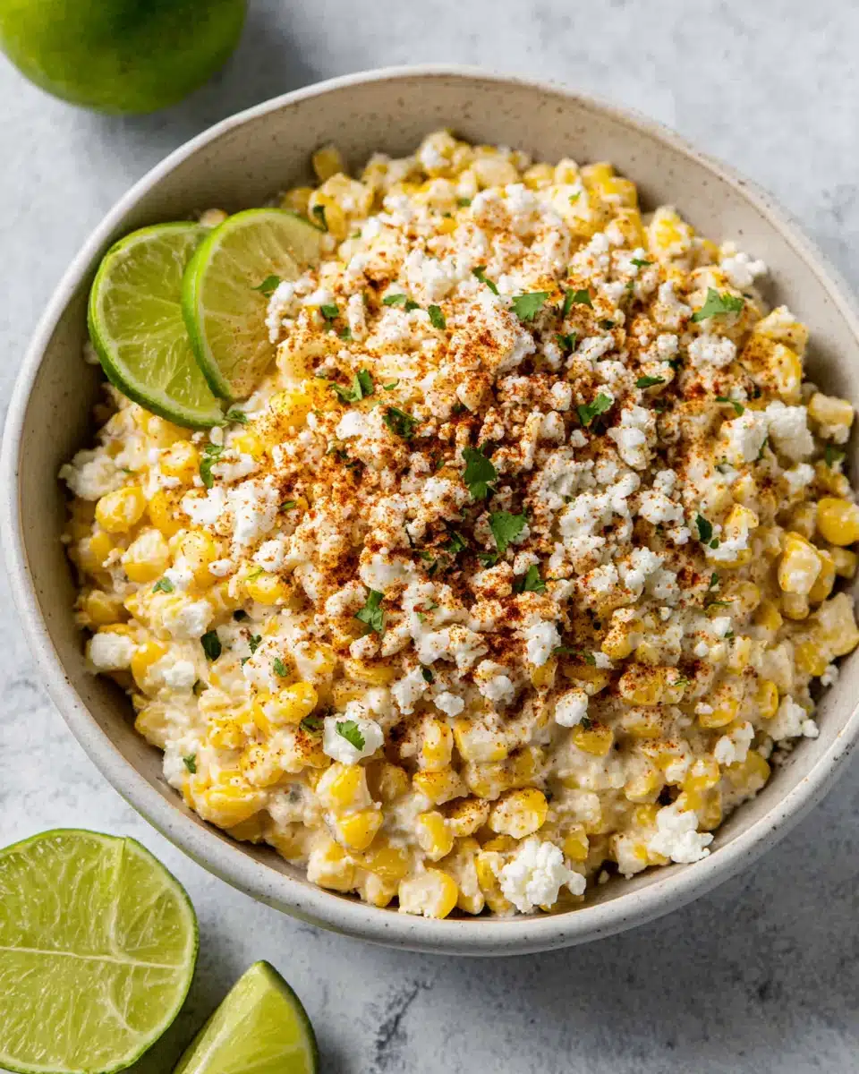 Homemade street corn dip with lime wedges and cotija cheese in a white bowl