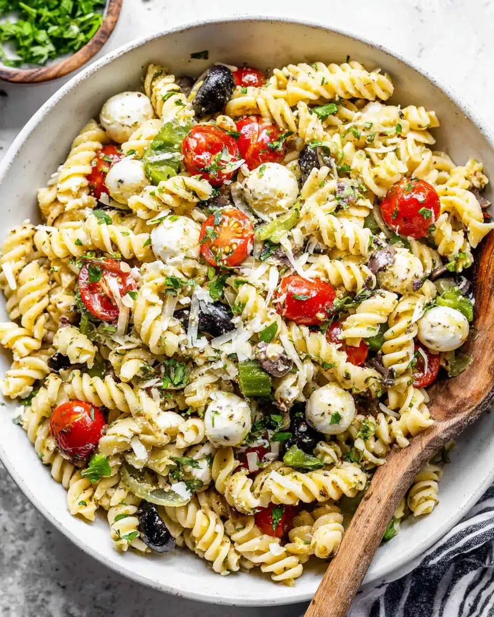 Homemade Zesty Italian Pasta Salad Vegetarian Homemade zesty Italian pasta salad vegetarian with rotini, tomatoes, olives, and mozzarella
