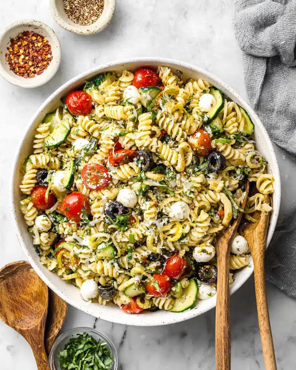 Homemade Zesty Italian Pasta Salad Vegetarian Homemade zesty Italian pasta salad vegetarian with rotini, tomatoes, olives, and mozzarella in a white bowl.
