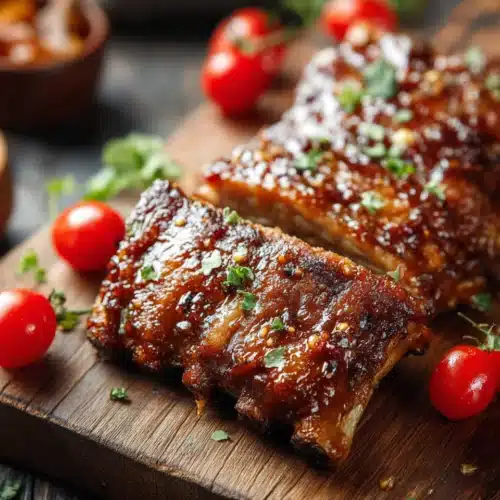 Succulent honey garlic pork ribs on a wooden board with fresh herbs and tomatoes