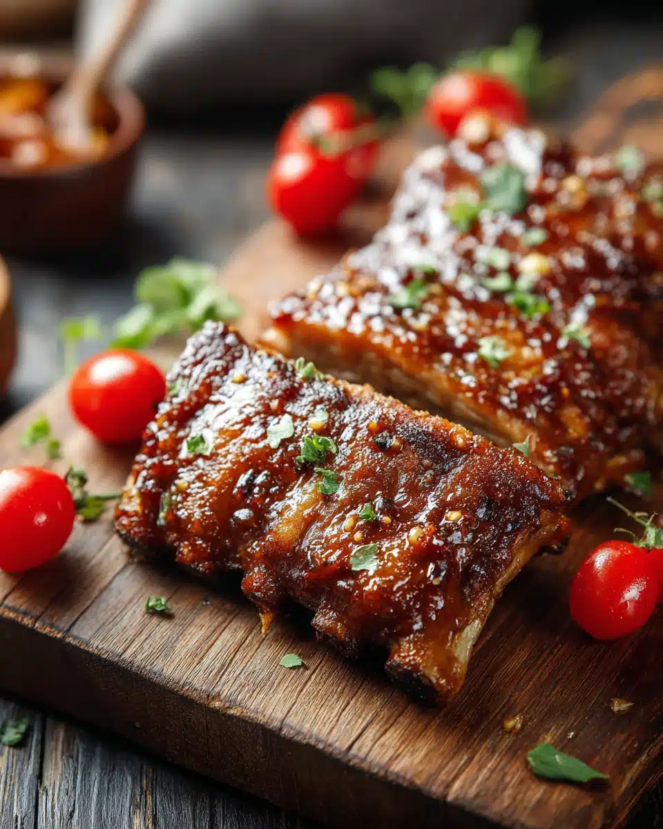Succulent honey garlic pork ribs on a wooden board with fresh herbs and tomatoes