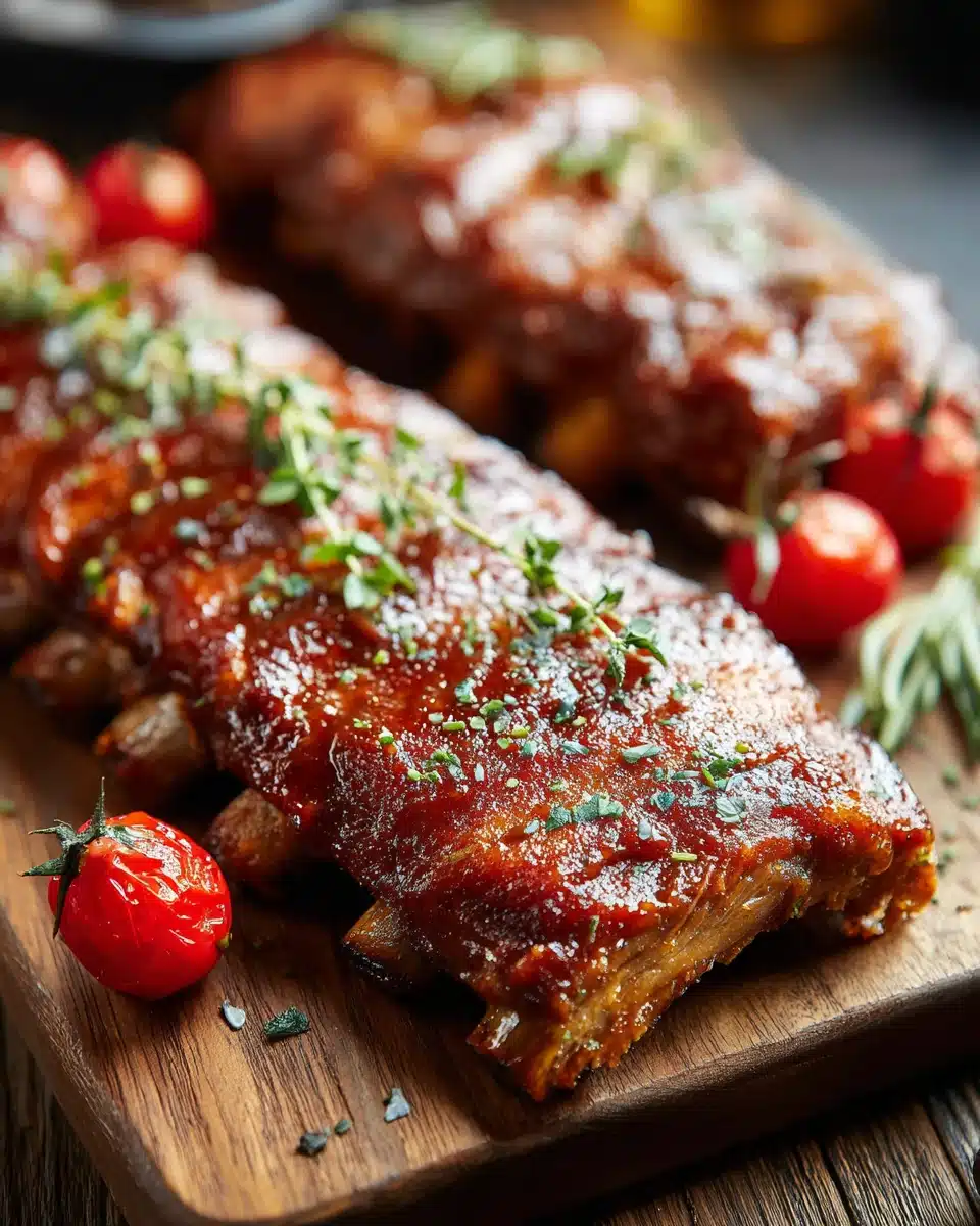 Succulent honey garlic pork ribs on a wooden board with fresh herbs and tomatoes