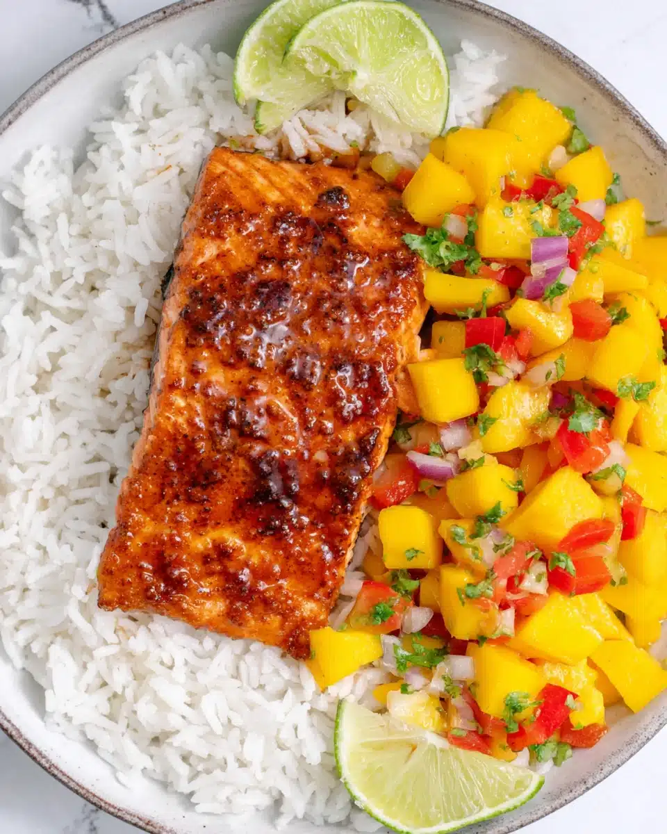 Honey lime salmon with mango salsa on rice, garnished with lime