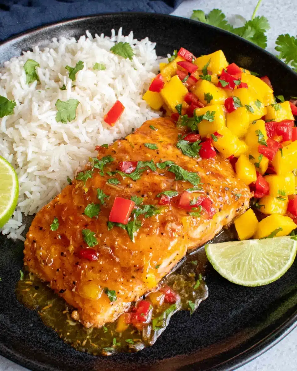 Honey lime salmon with mango salsa on black plate with rice and lime wedge