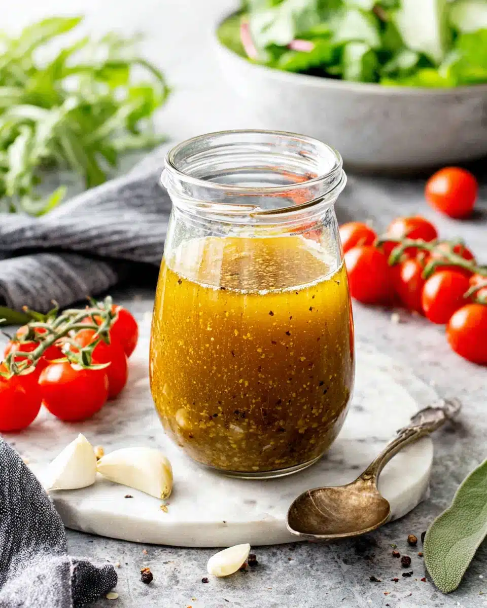 Italian chicken marinade in a glass jar with fresh herbs and tomatoes
