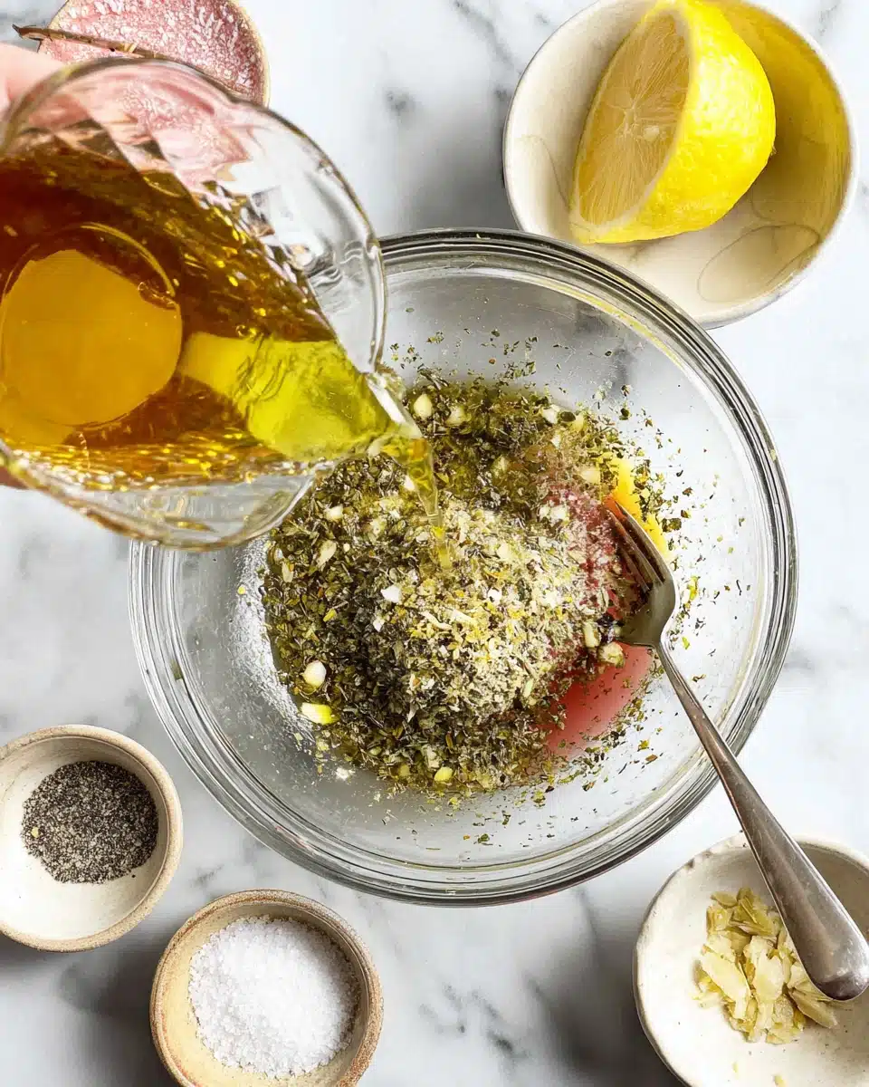 Italian chicken marinade ingredients being mixed in a glass bowl with olive oil, herbs, and vinegar