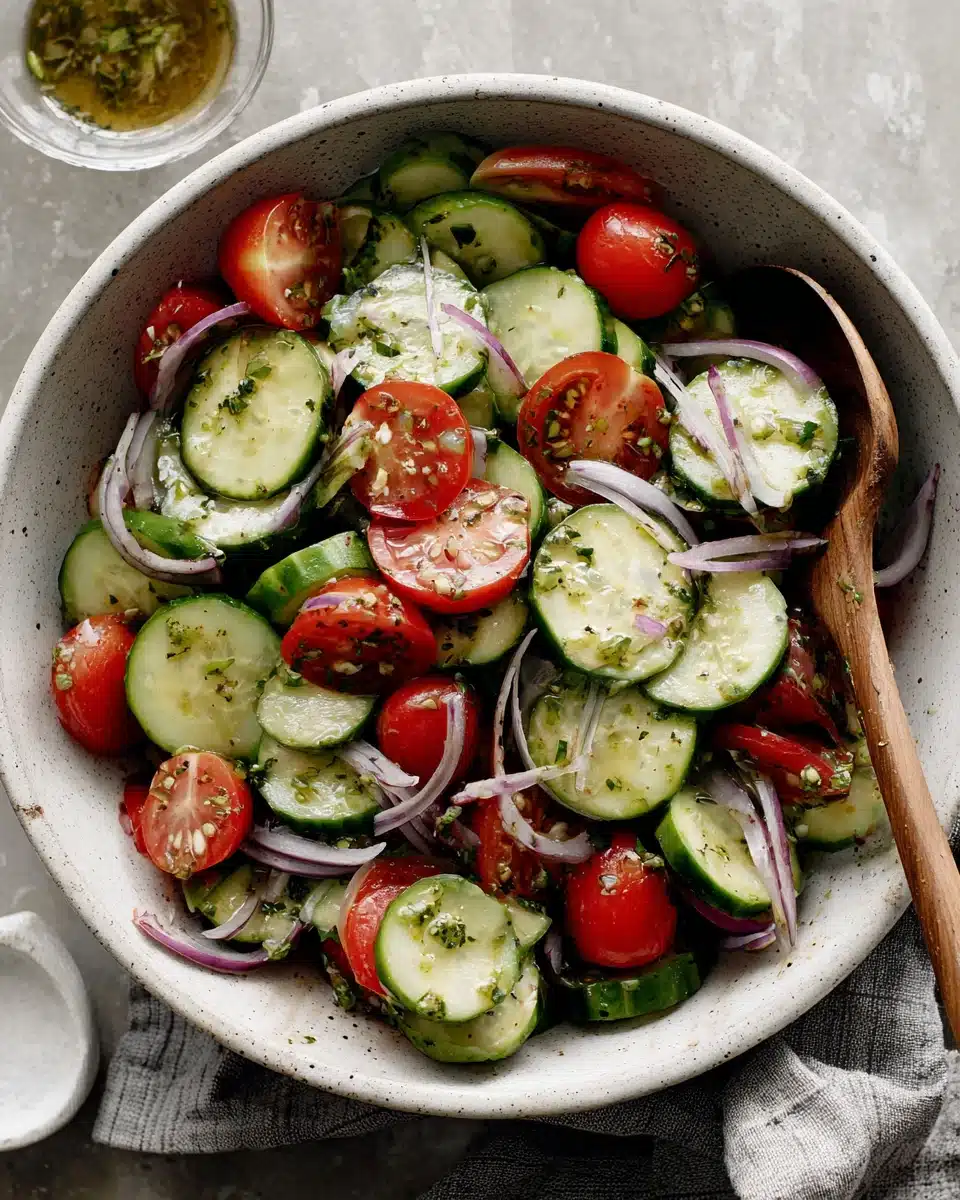 Italian cucumber salad with cucumbers, tomatoes, and onions.