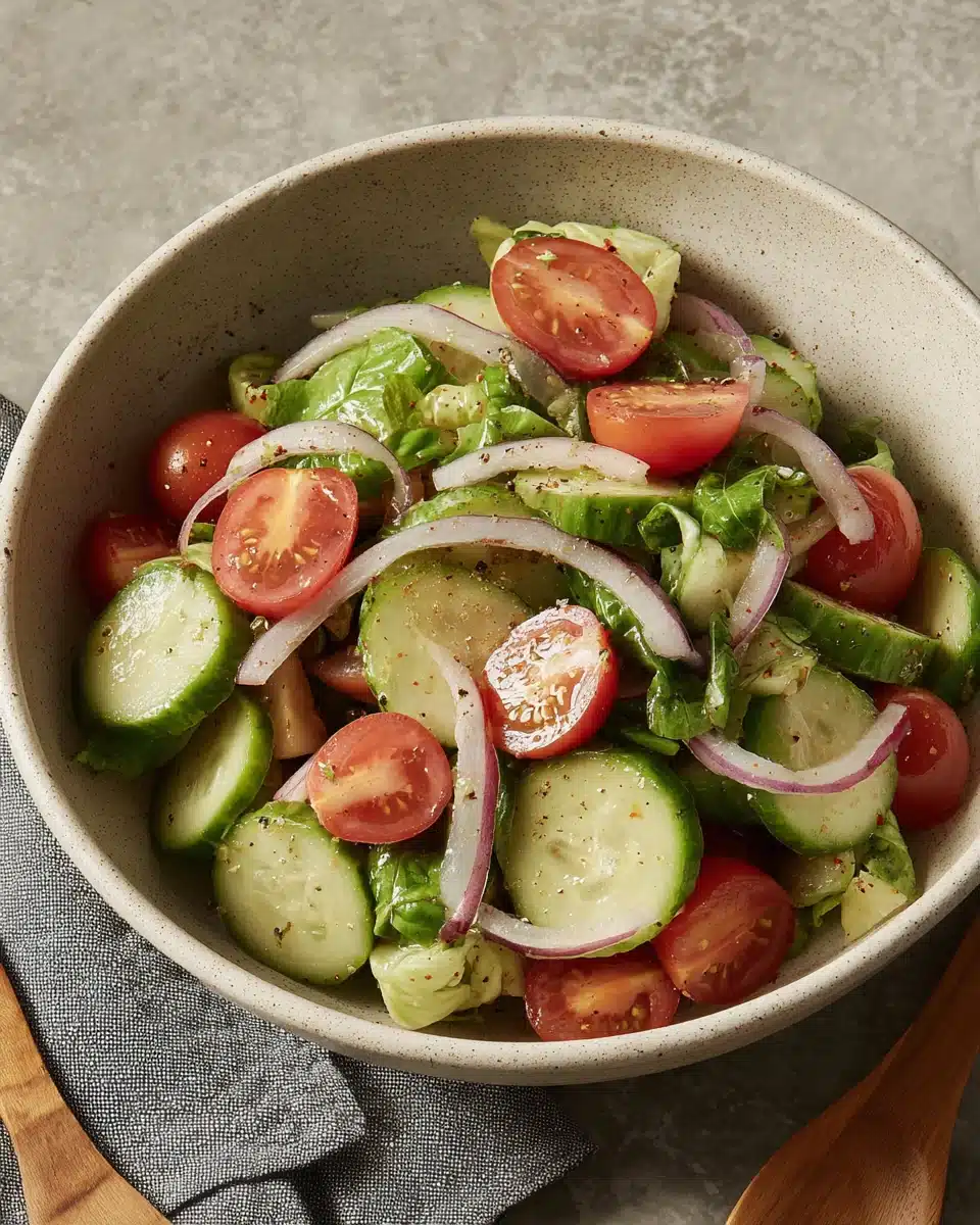 Italian cucumber salad with fresh veggies and vibrant dressing.