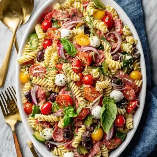 Delicious Italian Pasta Salad with Olive and Mango 1 Italian pasta salad with olive and mango in a white bowl on marble