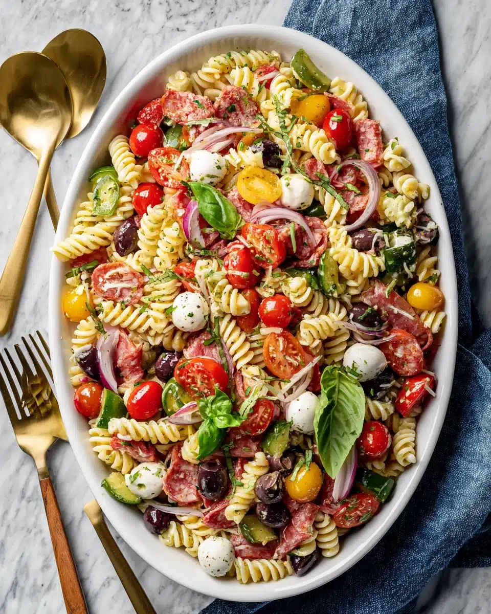 Italian Pasta Salad with Olive and Mango Italian pasta salad with olive and mango in a white bowl on marble
