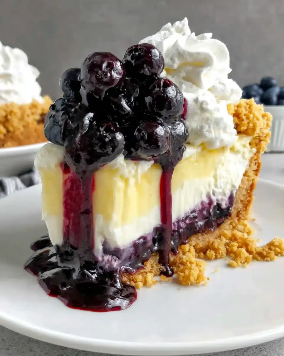 Lemon blueberry dream dessert slice with graham cracker crust, blueberry layer, lemon filling, and whipped cream topping