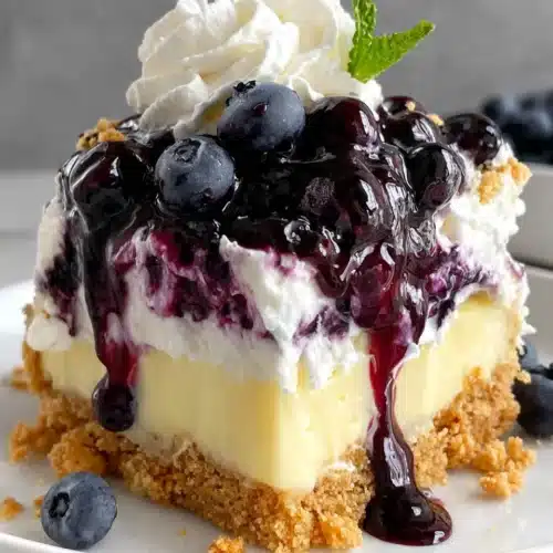 Lemon blueberry dream dessert slice with graham cracker crust, blueberry layer, lemon filling, and whipped cream topping