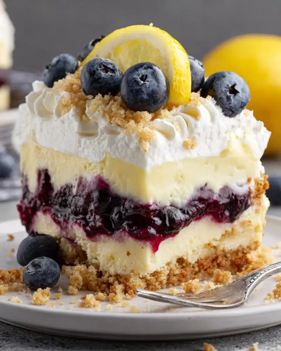 Lemon Blueberry Lush Dessert Slice Lemon Blueberry Lush dessert slice with graham cracker crust, creamy lemon, blueberry layer, and whipped cream