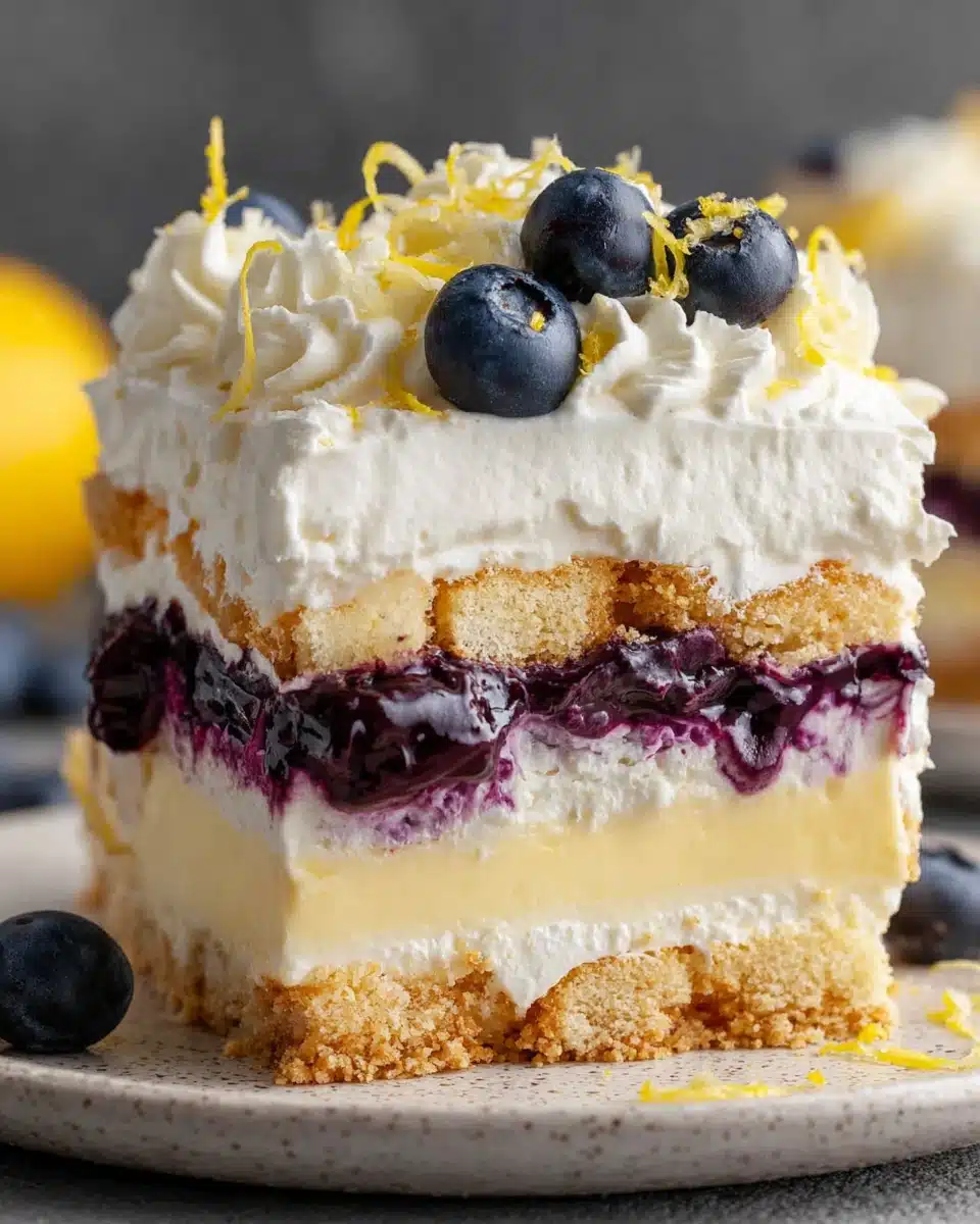 Lemon Blueberry Lush Layered Dessert Lemon Blueberry Lush dessert slice with layers of crust, lemon cream, blueberry filling, and whipped topping