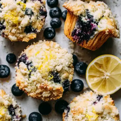 Lemon blueberry muffins with crumble topping and fresh blueberries