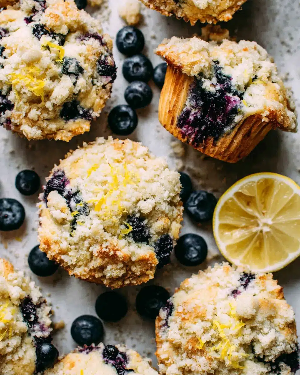 Lemon blueberry muffins with crumble topping and fresh blueberries