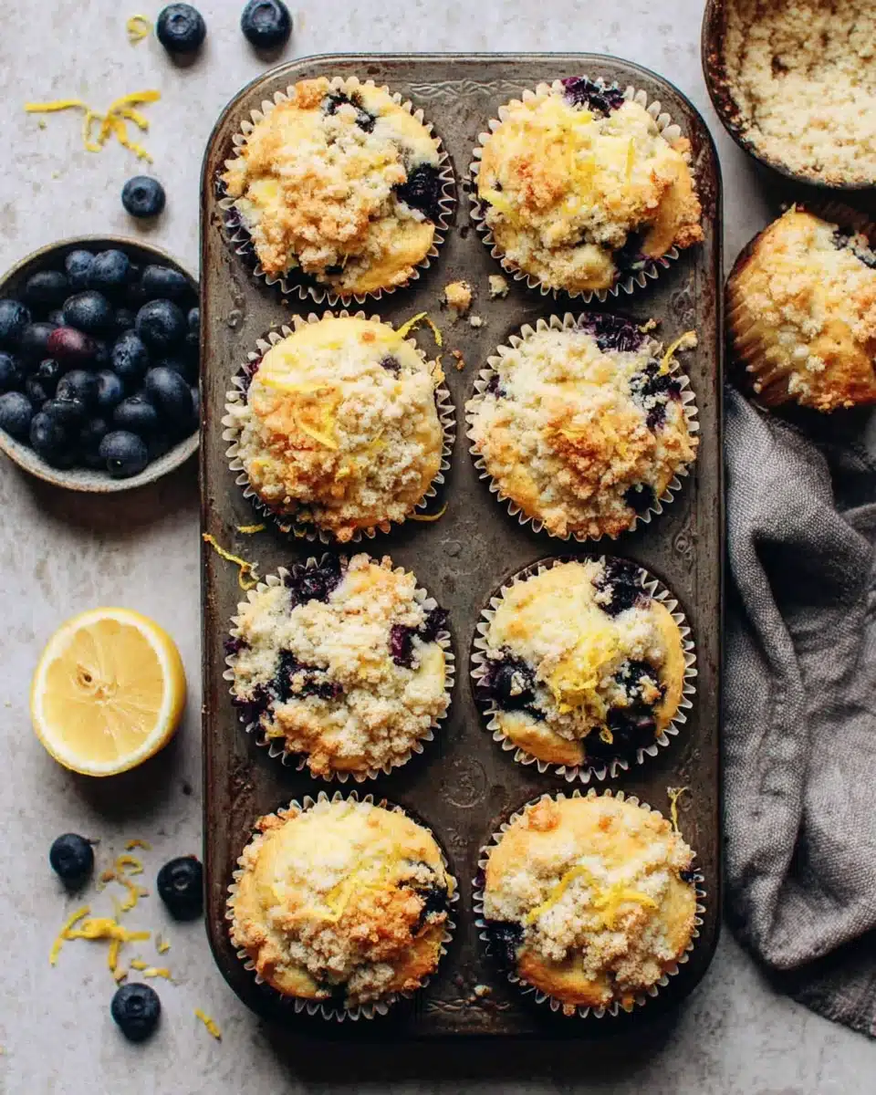 Lemon blueberry muffins with crumble topping in a metal tin