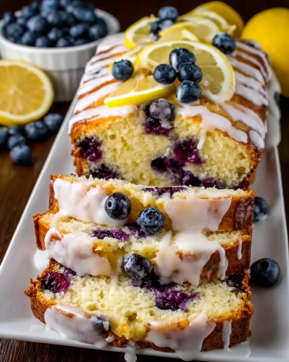 Lemon Blueberry Yogurt Cake with Glaze and Fresh Blueberries Lemon blueberry yogurt cake with white glaze and lemon slices, fresh blueberries in background