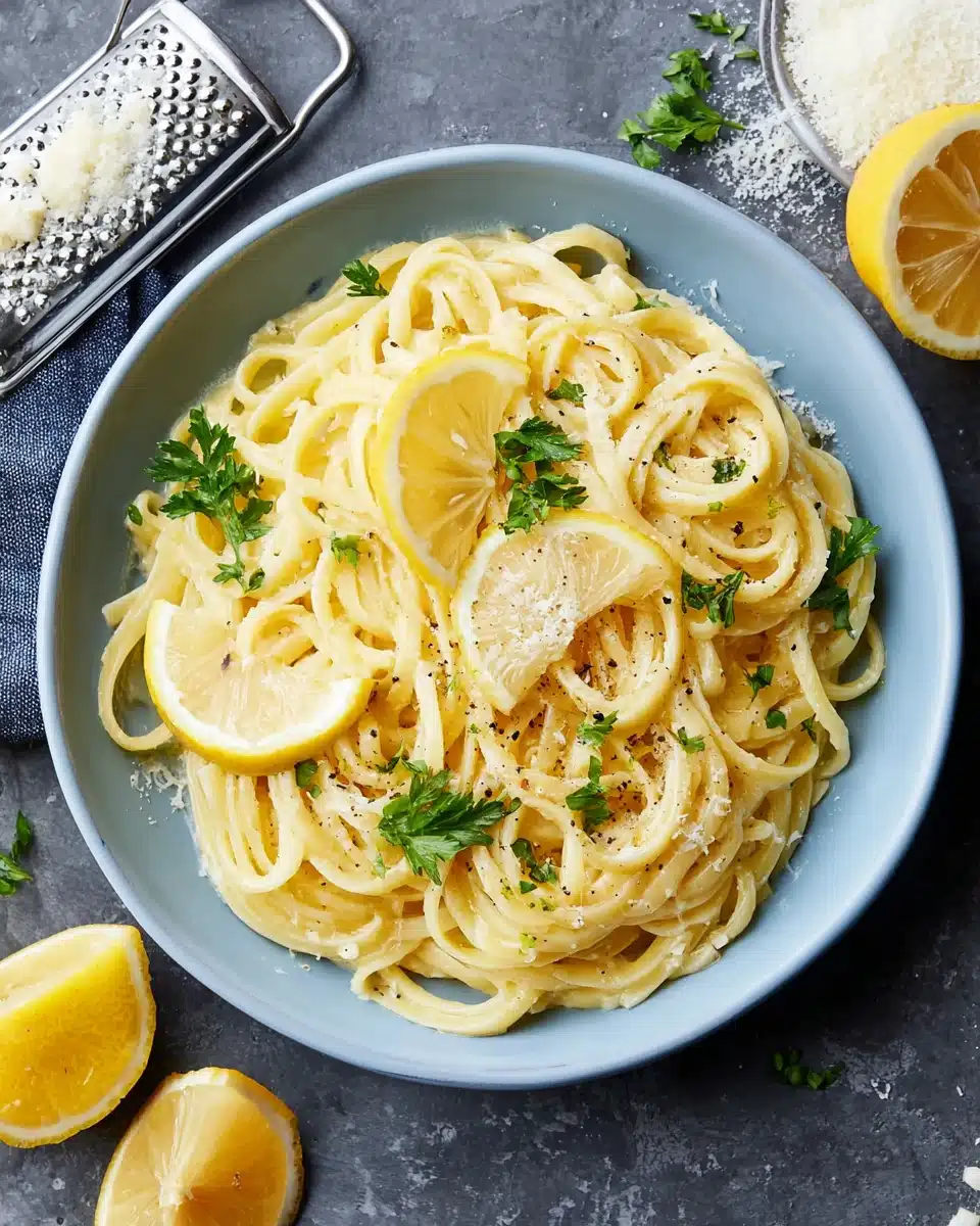 Lemon butter garlic pasta in a blue bowl with lemon slices and parsley