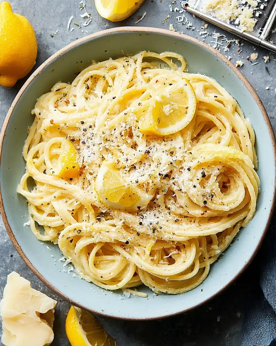 Lemon butter garlic pasta in a blue bowl with lemon slices and grated cheese