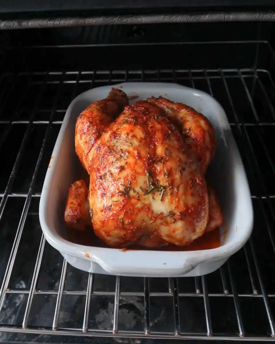 Lemon Butter Roasted Chicken in Oven Lemon butter roasted chicken roasting in oven, golden and juicy