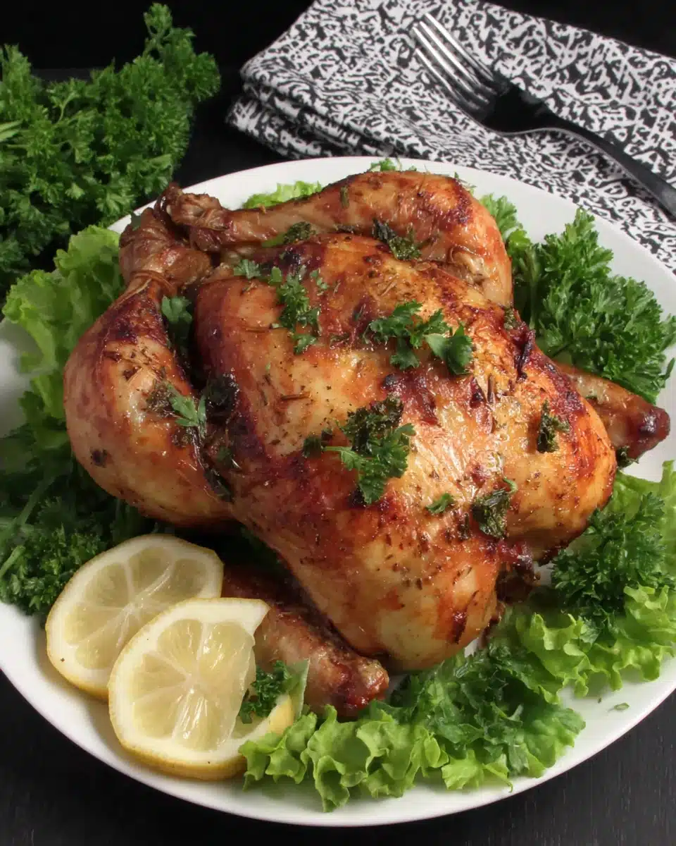 Lemon Butter Roasted Chicken with Fresh Herbs and Lemon Lemon butter roasted chicken with herbs and lemon slices on a white plate