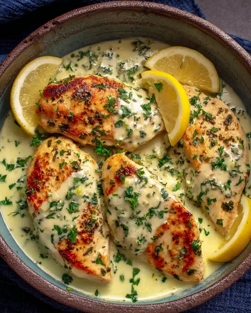 Lemon chicken with Parmesan in creamy sauce, garnished with parsley and lemon wedges