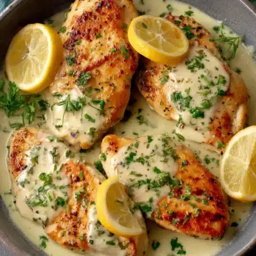 Lemon chicken with parmesan in creamy sauce, garnished with parsley and lemon slices