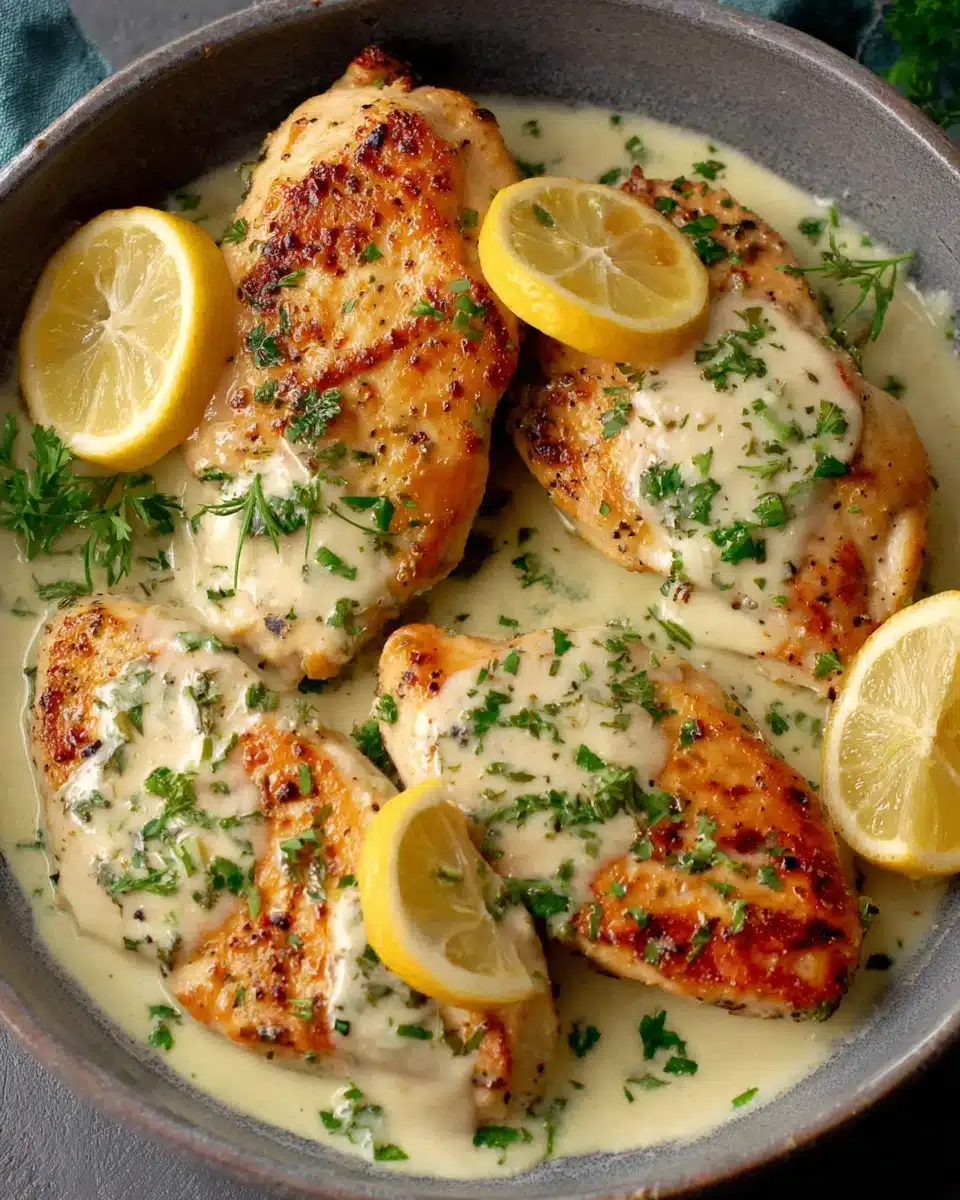 Lemon chicken with parmesan in creamy sauce, garnished with parsley and lemon slices