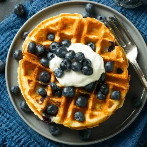 Low calorie blueberry waffles topped with yogurt and fresh blueberries on a gray plate