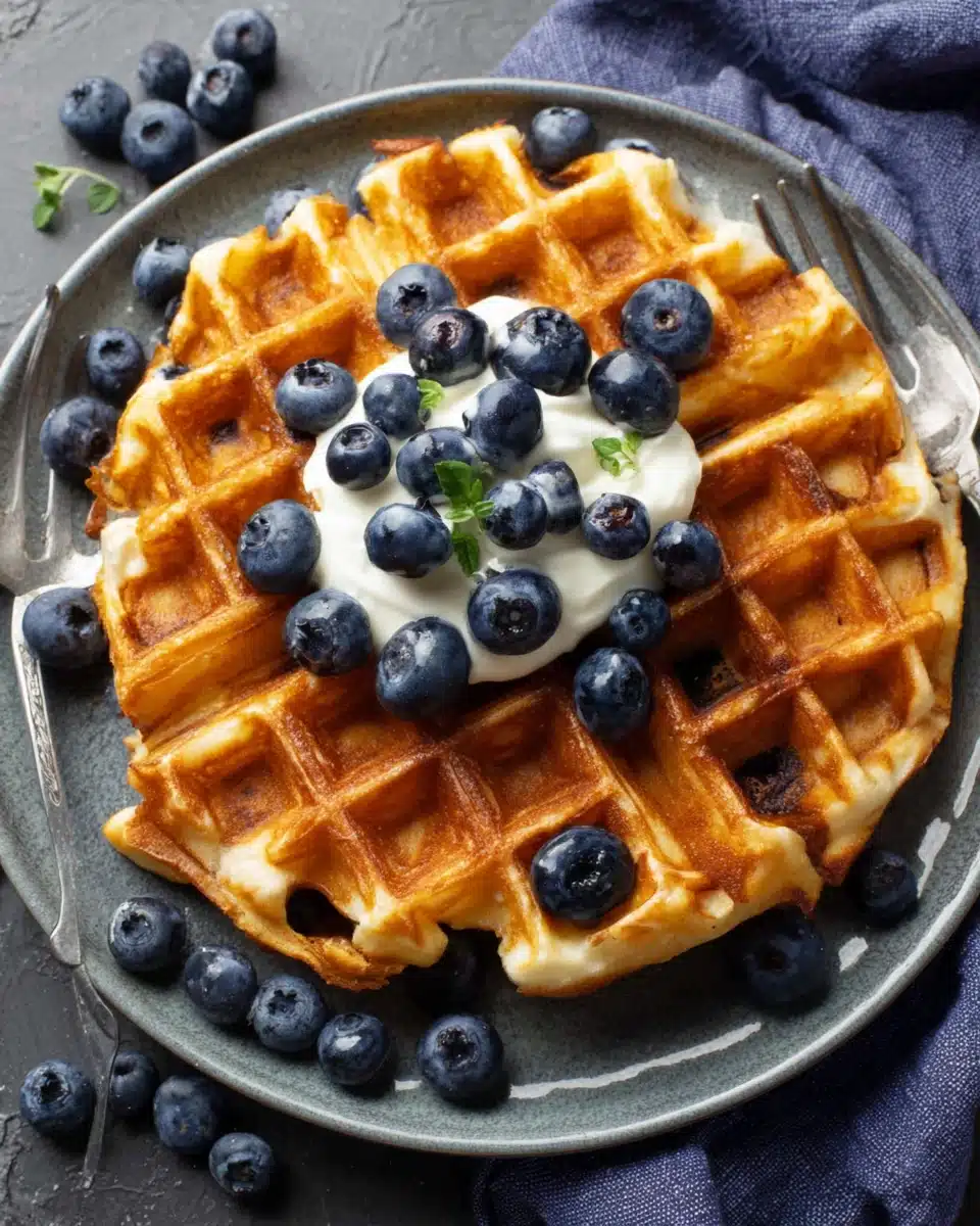 Low calorie blueberry waffle with yogurt and fresh blueberries on a plate