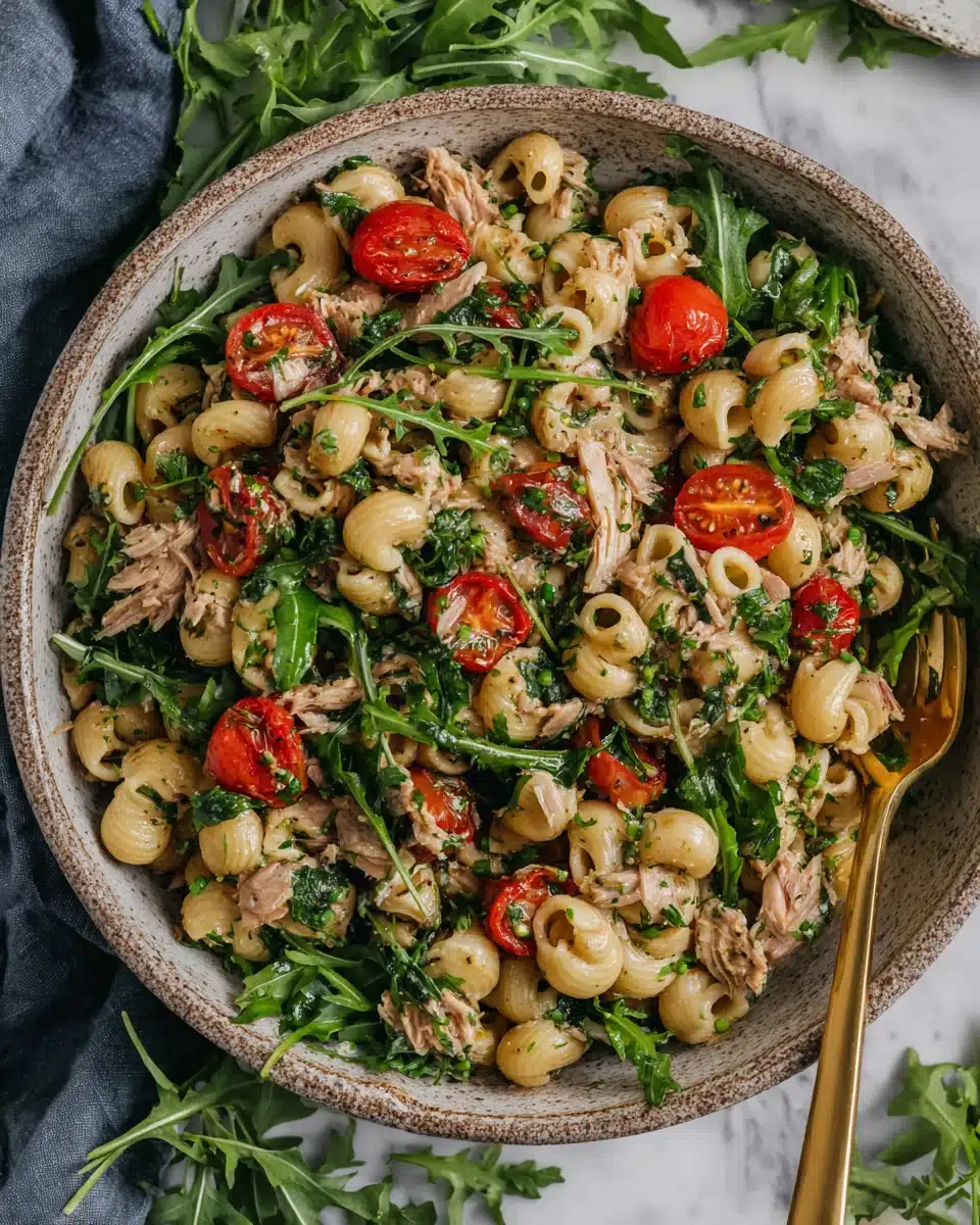 Make ahead tuna pasta salad with roasted tomatoes and arugula in a bowl