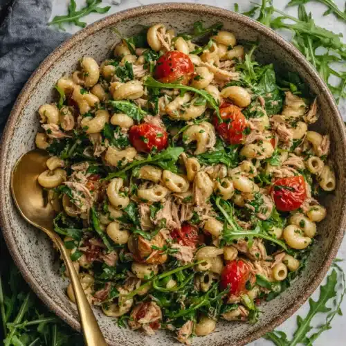 Make ahead tuna pasta salad with roasted tomatoes, arugula, and herbs in a bowl