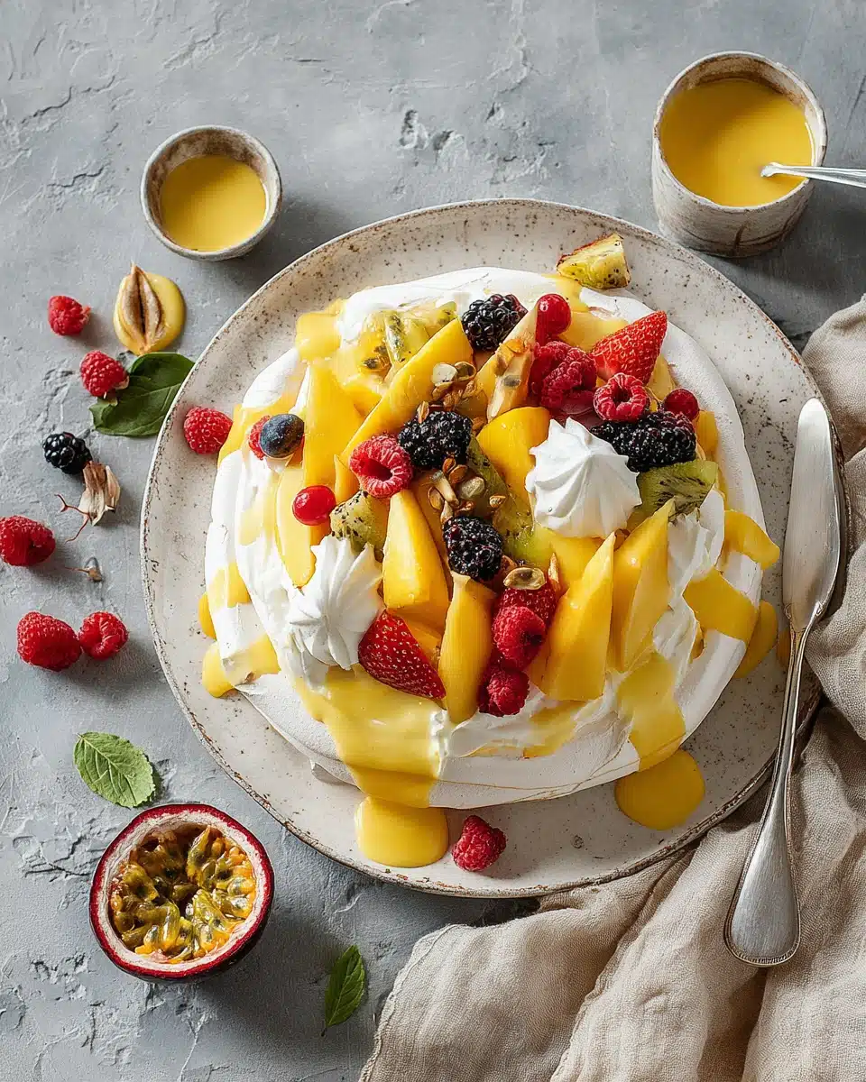 Mango Christmas dessert pavlova topped with fruits.