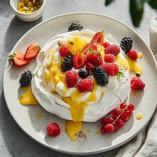 Mango Christmas dessert pavlova topped with fruits