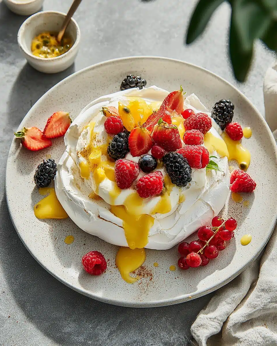 Mango Christmas dessert pavlova topped with fruits