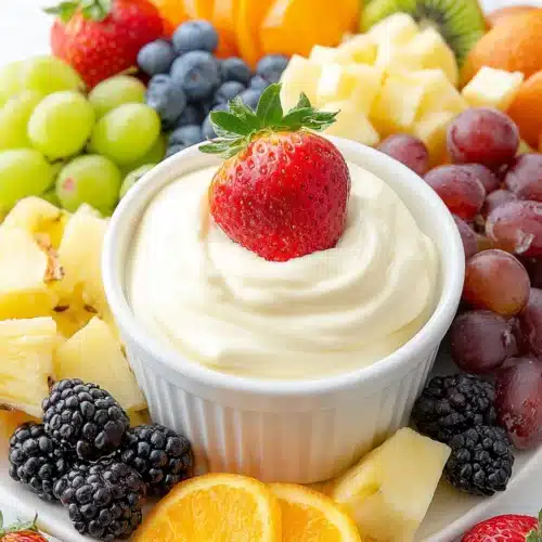 Marshmallow Fruit Dip: A Creamy Delight for Everyone 1 Creamy marshmallow fruit dip served with fresh strawberries, grapes, apples, and other colorful fruits.