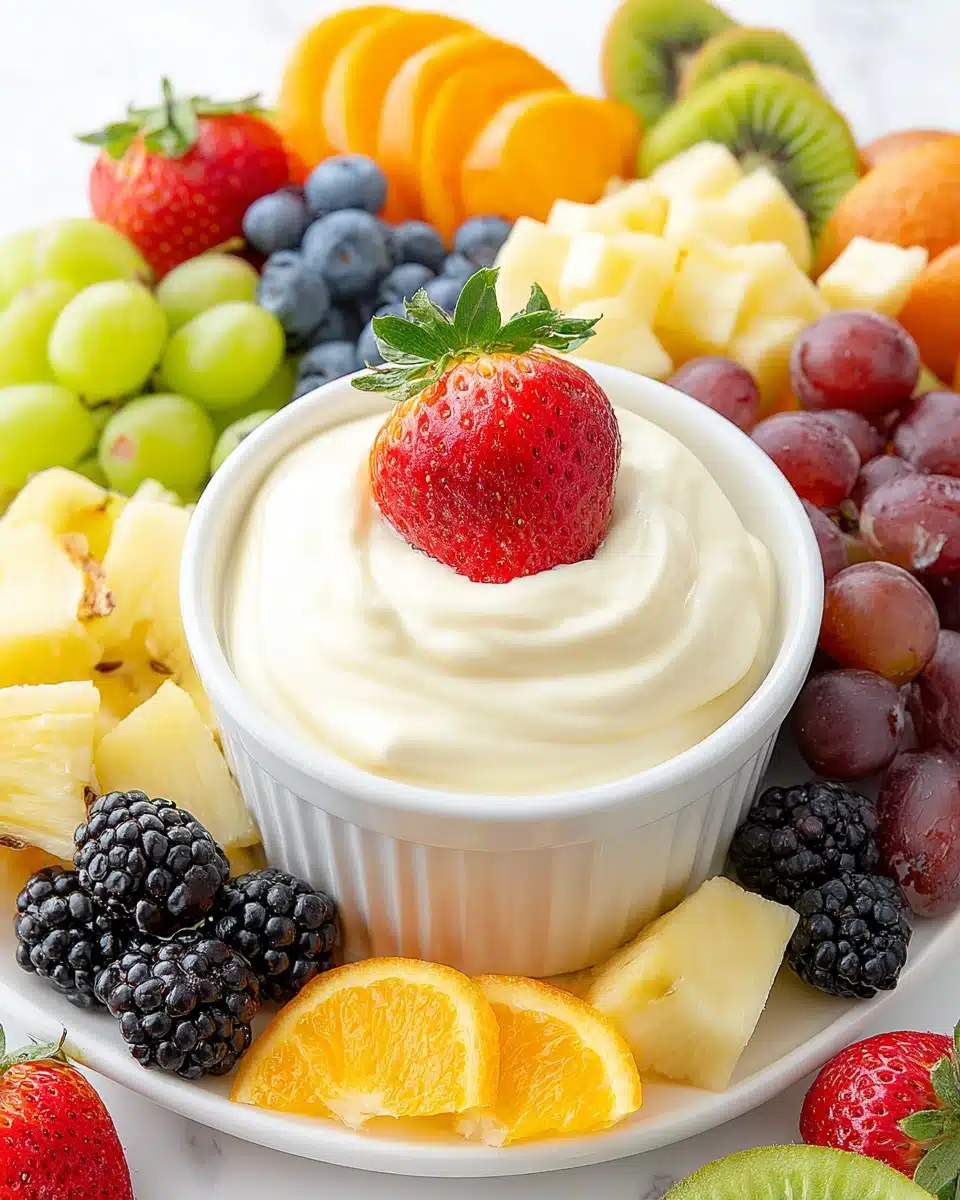 Marshmallow Fruit Dip with Fresh Fruits Creamy marshmallow fruit dip served with fresh strawberries, grapes, apples, and other colorful fruits.