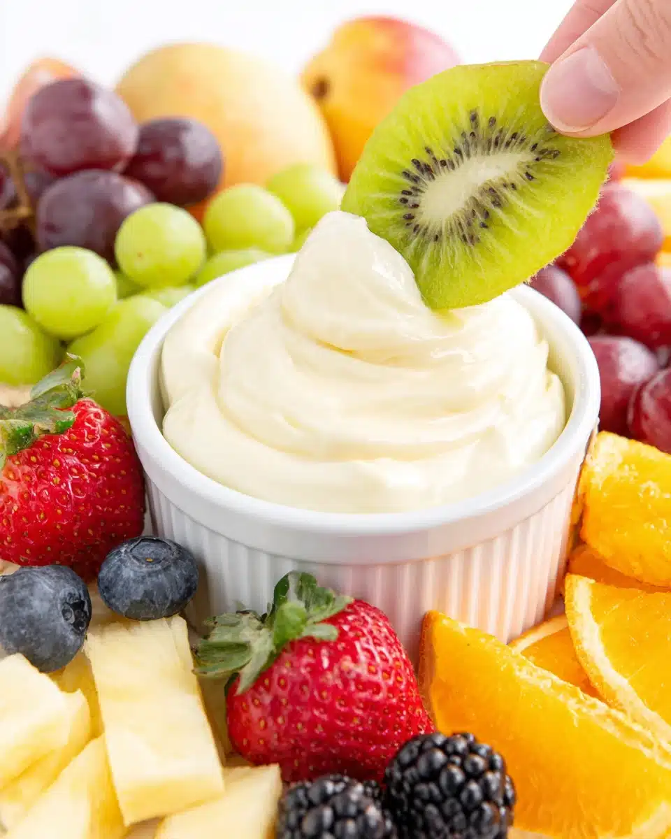 Creamy Marshmallow Fruit Dip with Fresh Fruits Marshmallow fruit dip served with fresh fruits like strawberries, kiwi, grapes, and pineapple.