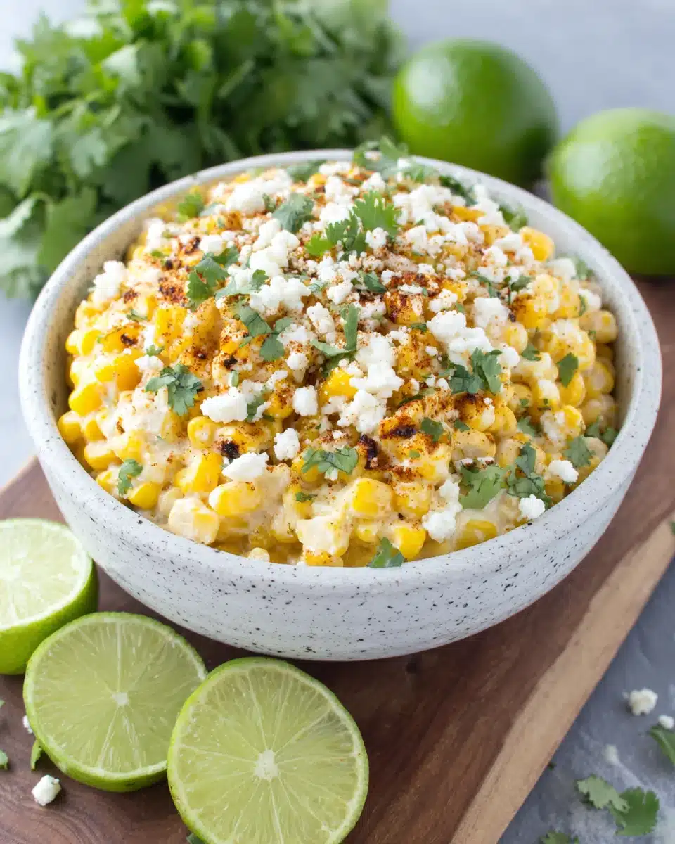 Creamy Mexican street corn casserole with queso fresco and cilantro in a white bowl
