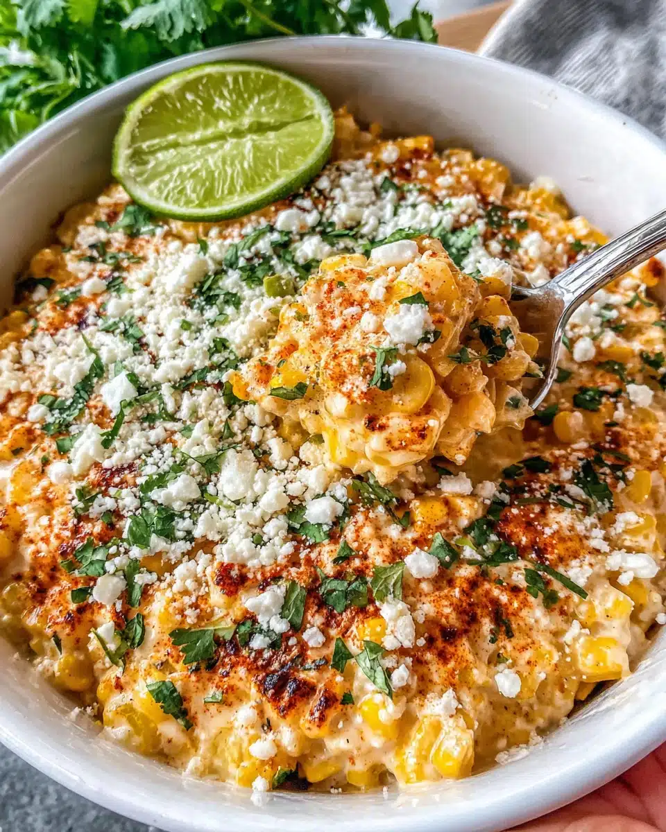 Creamed Mexican street corn with cotija cheese and lime, served in a bowl