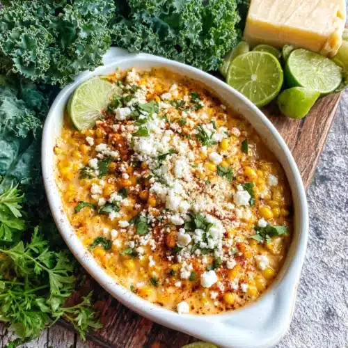 Creamed Mexican street corn in a white dish, topped with cotija cheese and lime, fresh and flavorful
