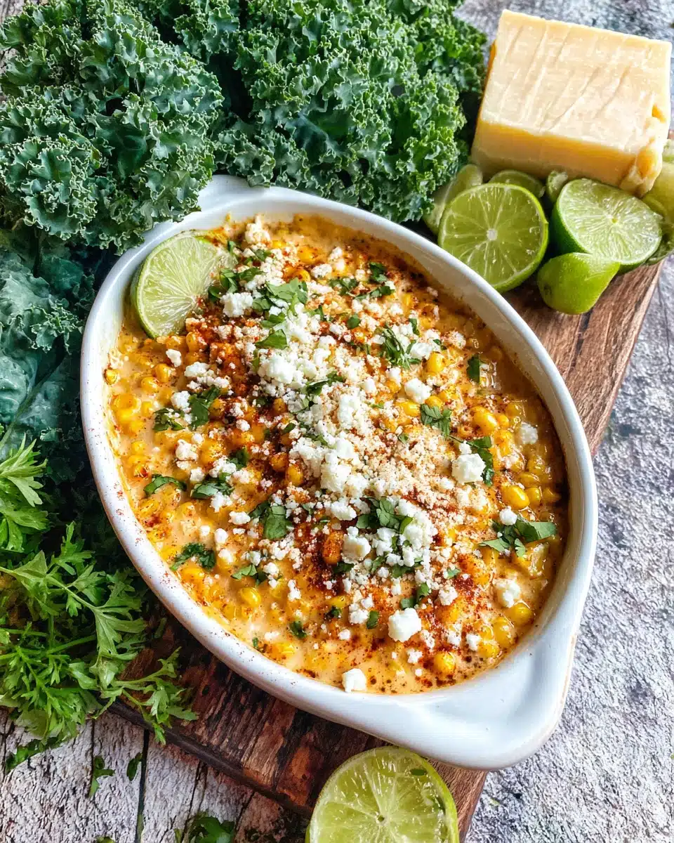 Creamed Mexican street corn in a white dish, topped with cotija cheese and lime, fresh and flavorful