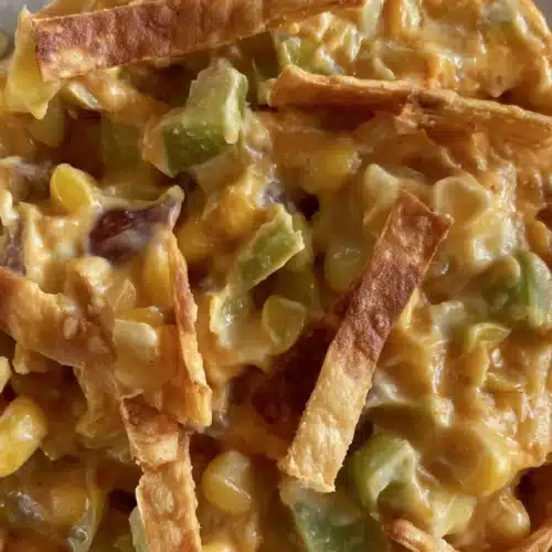 Creamy Mexican street corn dip with corn, cheese, and tortilla strips
