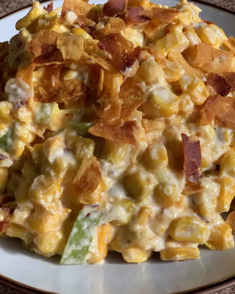 Creamy Mexican street corn dip with corn, cheese, and tortilla strips