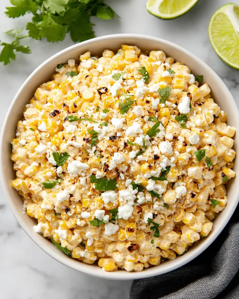 Creamy Mexican street corn elotes in a bowl with lime and cilantro