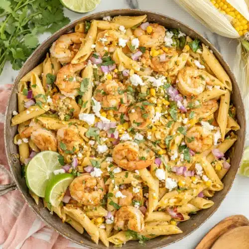 Mexican street corn pasta salad with shrimp, penne, corn, shrimp, cotija cheese, lime, cilantro