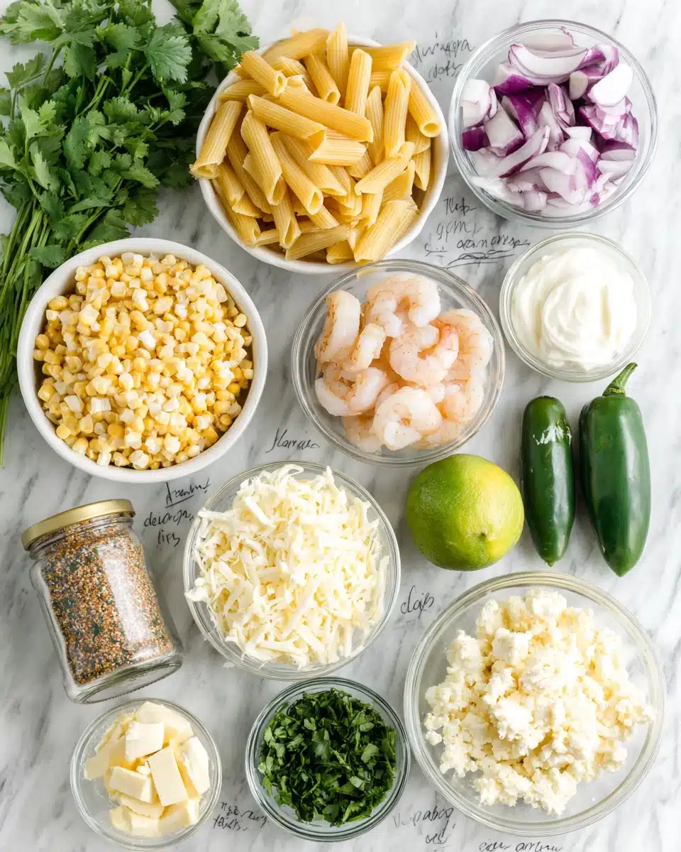 Mexican street corn pasta salad with shrimp ingredients laid out on white marble